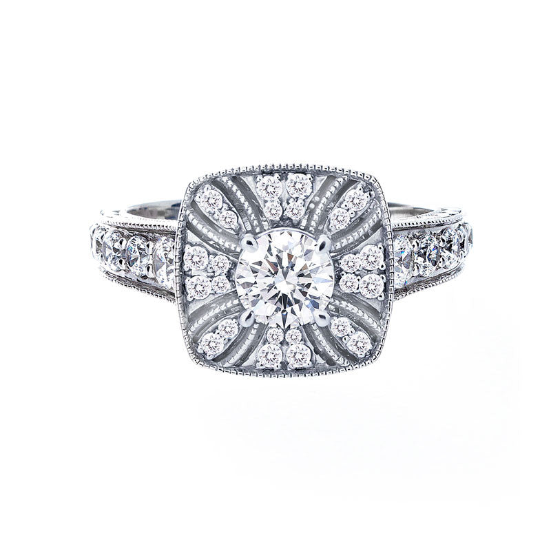 Vintage Diamond Halo with Milgrain Engagement Ring