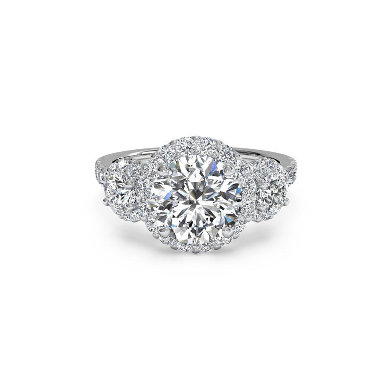 Ritani Three-Stone Halo Round Brilliant Diamond Engagement Ring