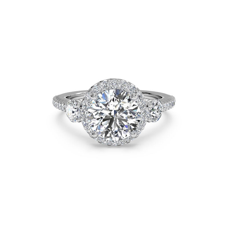 Ritani Three-Stone Round Halo Round Brilliant Diamond Engagement Ring