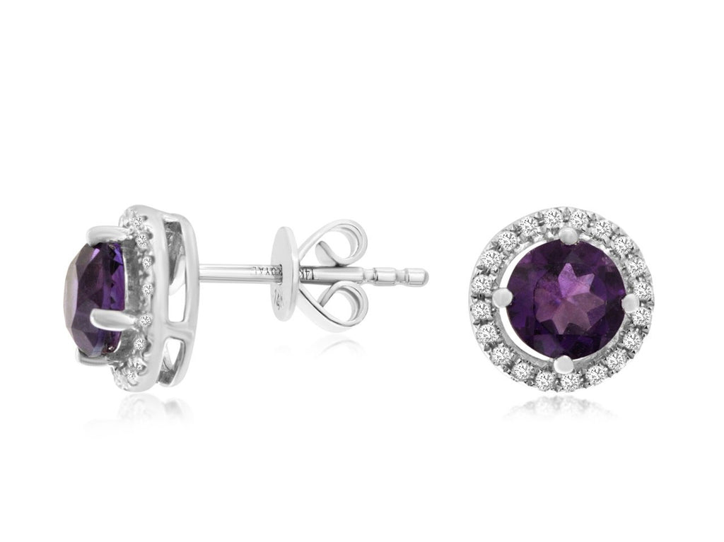 Amethyst & Diamond Halo Stud in 14K White Gold