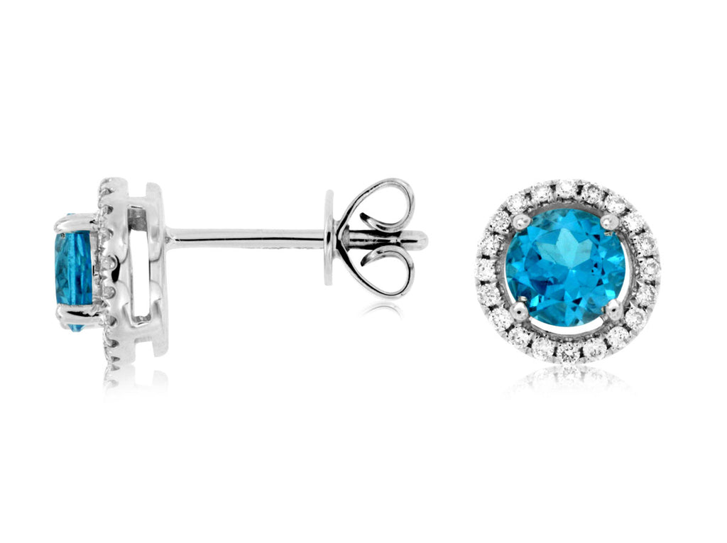 Blue Topaz & Diamond Halo Studs in 14K White Gold