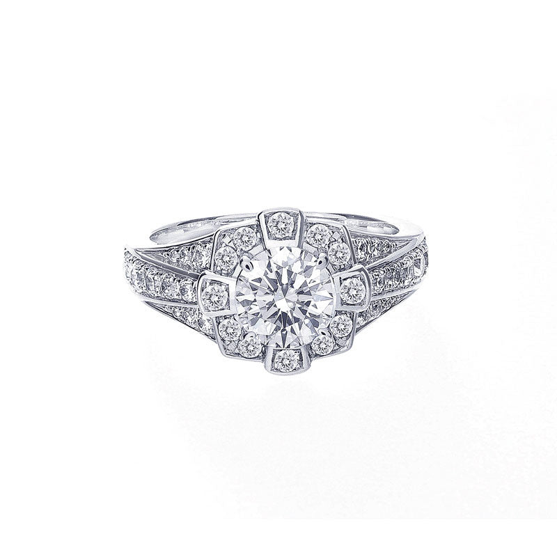 Vintage Round Halo Three-Row Tapered Band Engagement Ring
