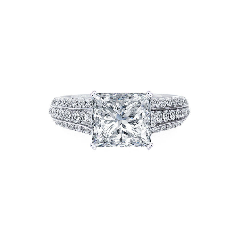 Princess Cut Center Diamond 3 Row Tapered Engagement Ring