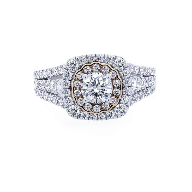Double Diamond Halo with Three-Row Split Band Engagement Ring