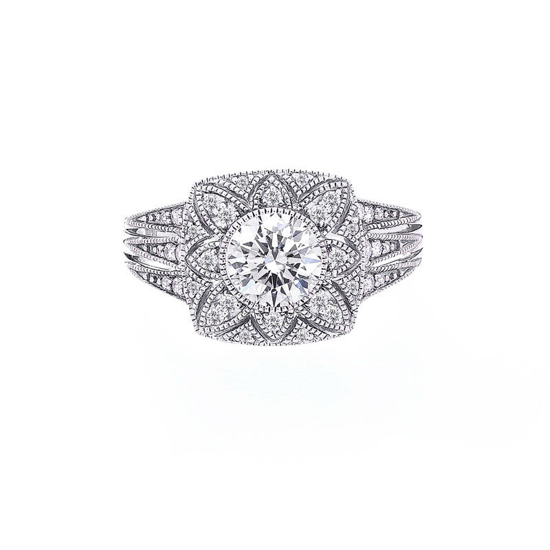 Vintage Flower Diamond Halo with Milgrain Engagement Ring