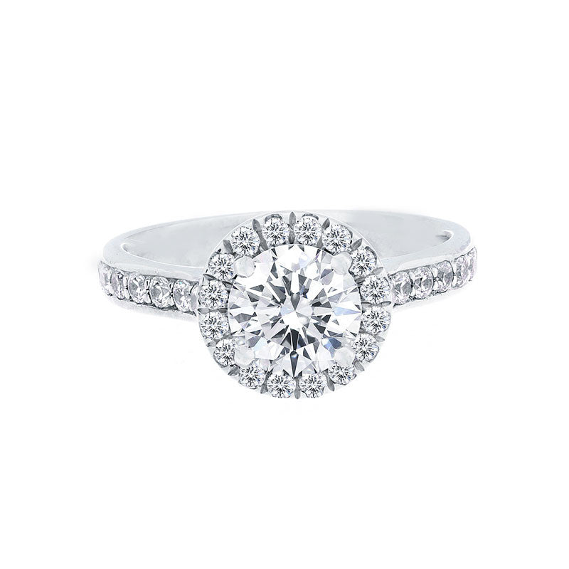 Round Diamond Halo Engagement Ring with Single Row Diamond Band