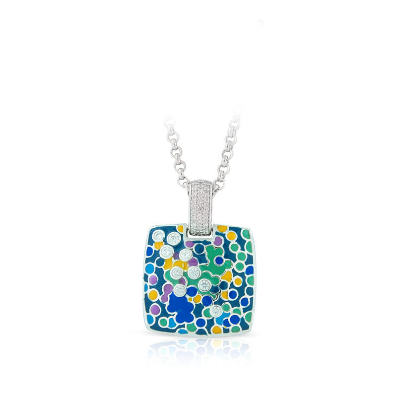 Belle Etoile Artiste Collection hand-painted blue and multicolored Italian enamel with pave-set stones pendant. 
