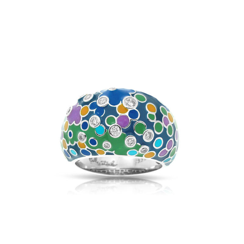 Belle Etoile Artiste Collection hand-painted blue and multicolored Italian enamel with pave-set stones ring.