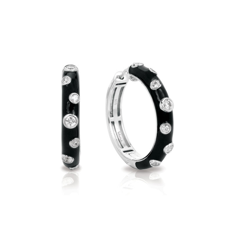 Belle Etoile Constellations Glitter Collection hand-painted black Italian enamel with white stones hoop earring.
