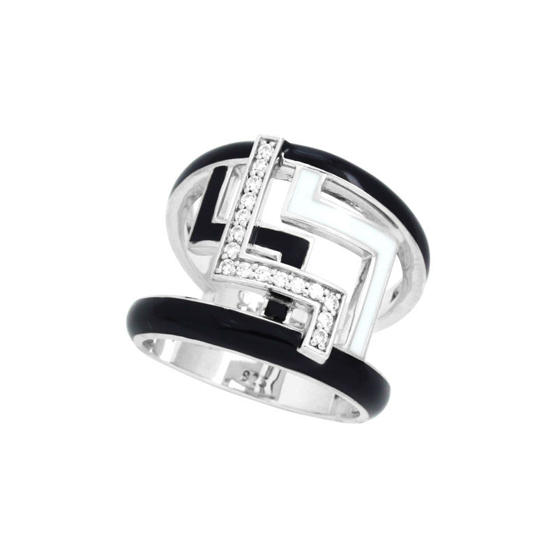Belle Etoile Convergence Collection hand-painted black and white Italian enamel with pave-set stones ring.