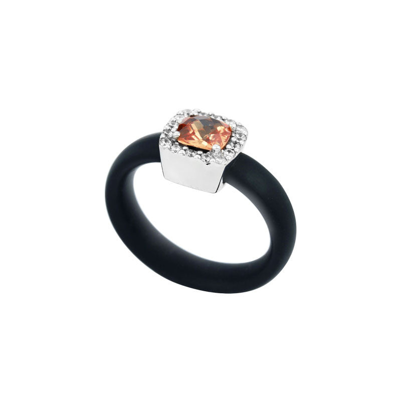 Belle Etoile Diana Collection hand-strung black Italian rubber with champagne and white stones ring.