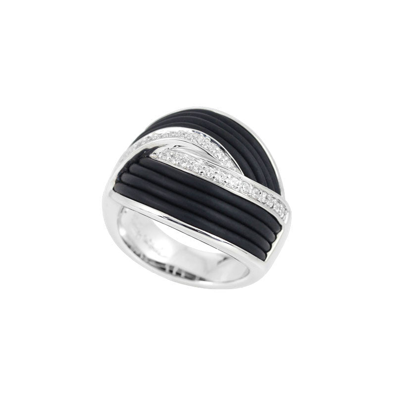Belle Etoile Eterno Collection hand-strung black Italian rubber with white stones ring.