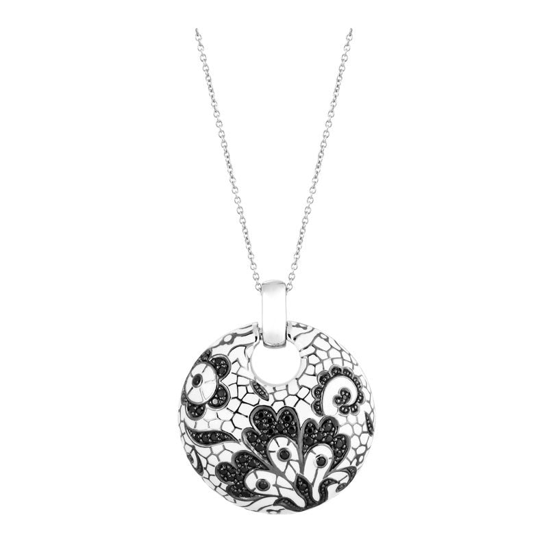 Belle Etoile Fleur de Lace Collection hand-painted white Italian enamel with black stones set into black pendant. 