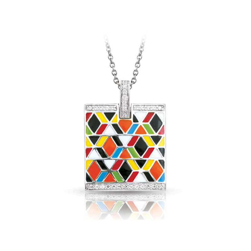 Belle Etoile Forma Collection hand-painted multicolored Italian enamel with pave-set stones pendant.  