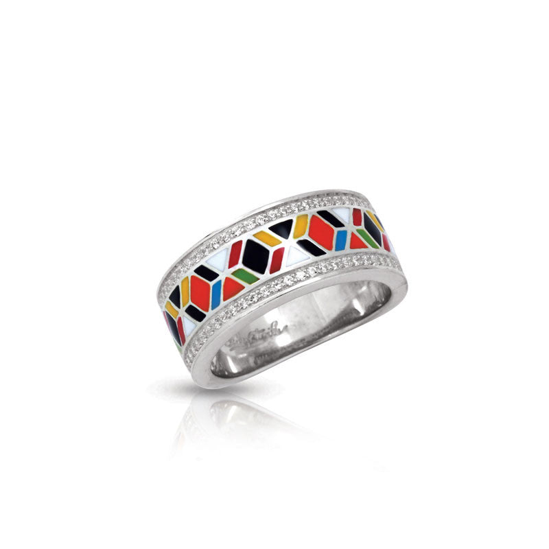 Belle Etoile Forma Collection hand-painted multicolored Italian enamel with pave-set stones ring. 