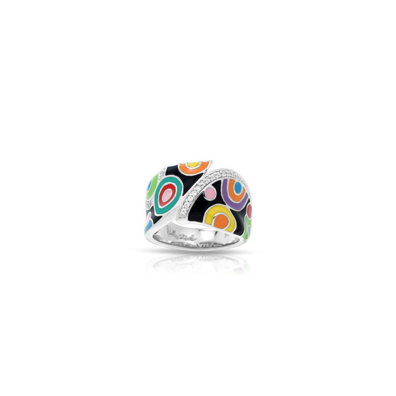 Belle Etoile Groovy Collection hand-painted black and multiple color Italian enamel with white stones ring.