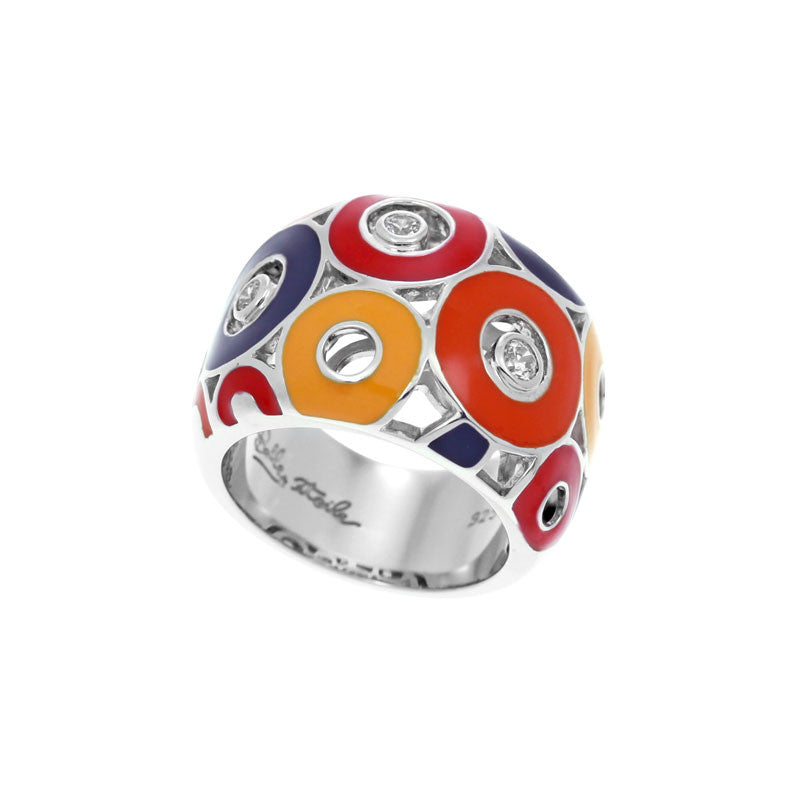 Belle Etoile Nova Collection hand-painted red and multiple color Italian enamel with white stones ring.