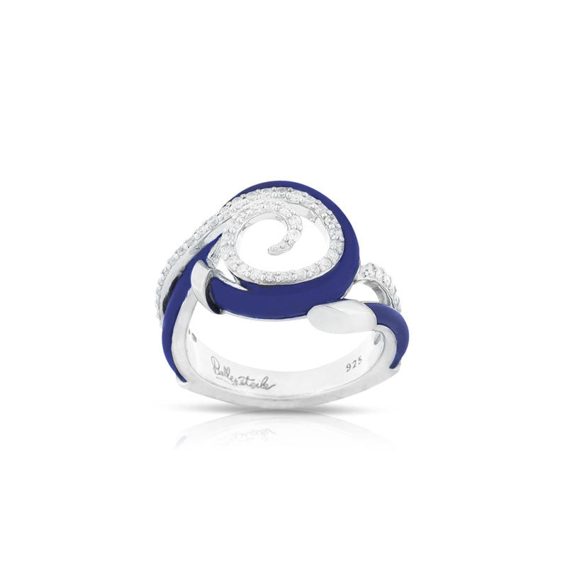 Belle Etoile Oceana Collection hand-strung blue Italian rubber with white stones ring.