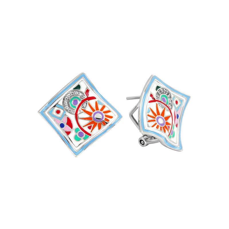 Belle Etoile Pashmina Collection hand-painted multiple color Italian enamel with white stones earring.
