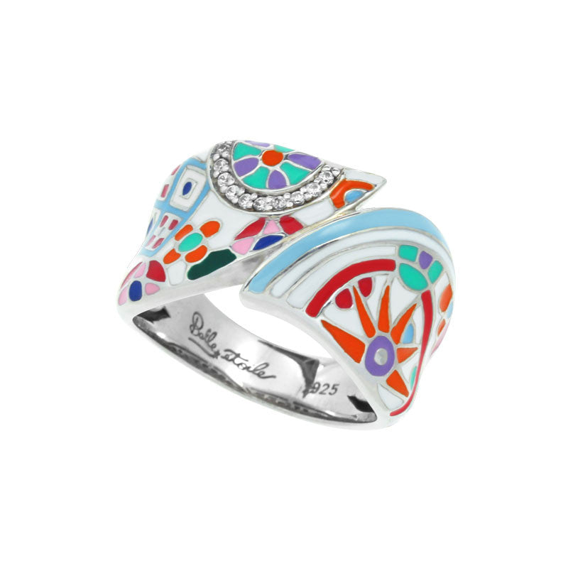 Belle Etoile Pashmina Collection hand-painted multiple color Italian enamel with white stones ring.
