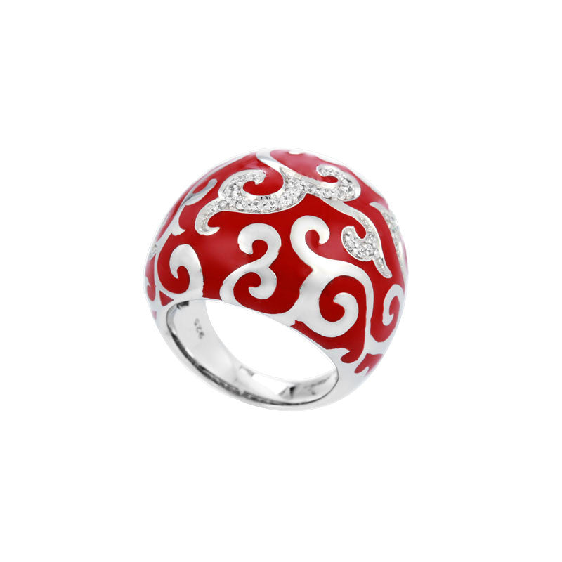 Belle Etoile Royale Collection hand-painted red Italian enamel with white stones ring.