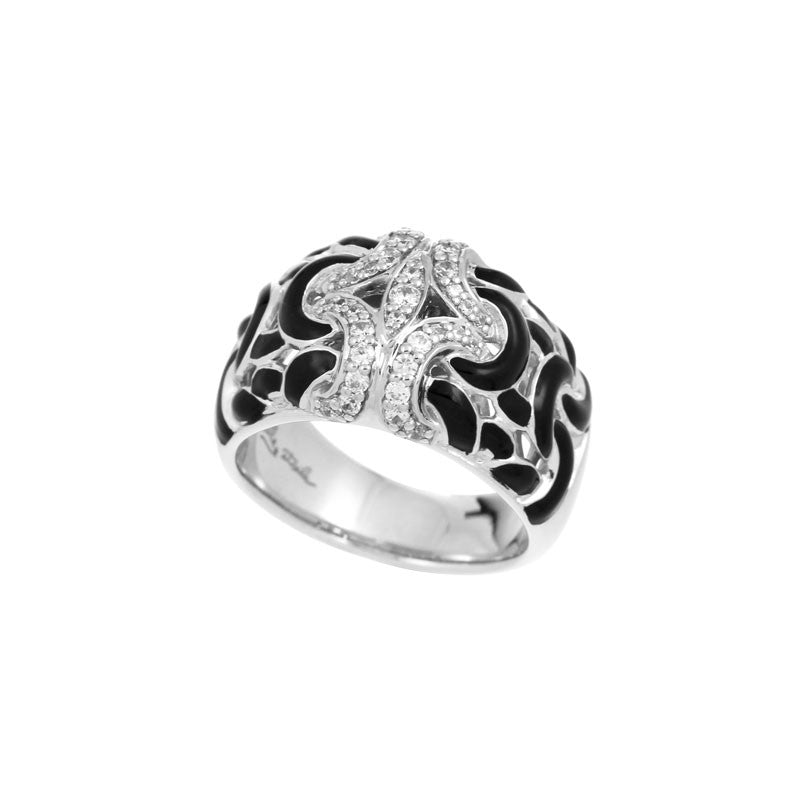 Belle Etoile Toujours Collection hand-painted black Italian enamel with white stones ring.